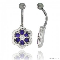 Flower Belly Button Ring with Amethyst Cubic Zirconia on Sterling Silver Setting