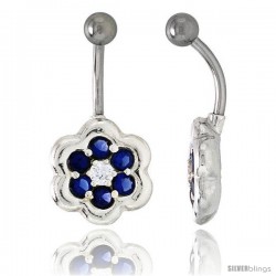 Flower Belly Button Ring with Blue Sapphire Cubic Zirconia on Sterling Silver Setting -Style Ssc24