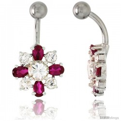 Flower Belly Button Ring with Ruby Red and Clear Cubic Zirconia on Sterling Silver Settings