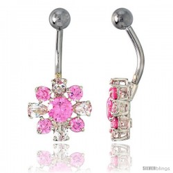 Flower Belly Button Ring with Pink and Clear Cubic Zirconia on Sterling Silver Settings