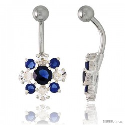 Flower Belly Button Ring with Blue Sapphire and Clear Cubic Zirconia on Sterling Silver Settings