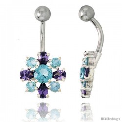 Flower Belly Button Ring with Amethyst and Blue Topaz Cubic Zirconia on Sterling Silver Settings