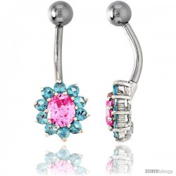 Sunflower Belly Button Ring with Pink and Blue Topaz Cubic Zirconia on Sterling Silver Settings