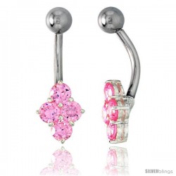 Belly Button Ring with Clustered Pink Cubic Zirconia on Sterling Silver Setting Stones