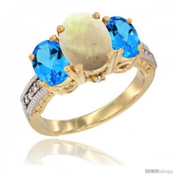 10K Yellow Gold Ladies 3-Stone Oval Natural Opal Ring with Swiss Blue Topaz Sides Diamond Accent