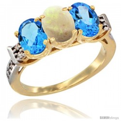 10K Yellow Gold Natural Opal & Swiss Blue Topaz Sides Ring 3-Stone Oval 7x5 mm Diamond Accent