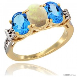 10K Yellow Gold Natural Opal & Swiss Blue Topaz Sides Ring 3-Stone Oval 7x5 mm Diamond Accent