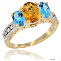 10K Yellow Gold Ladies Oval Natural Whisky Quartz 3-Stone Ring with Swiss Blue Topaz Sides Diamond Accent