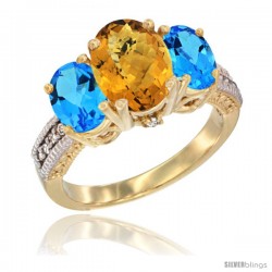 10K Yellow Gold Ladies 3-Stone Oval Natural Whisky Quartz Ring with Swiss Blue Topaz Sides Diamond Accent