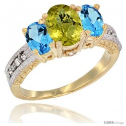 10K Yellow Gold Ladies Oval Natural Lemon Quartz 3-Stone Ring with Swiss Blue Topaz Sides Diamond Accent