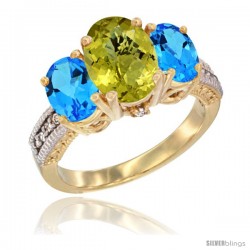 10K Yellow Gold Ladies 3-Stone Oval Natural Lemon Quartz Ring with Swiss Blue Topaz Sides Diamond Accent