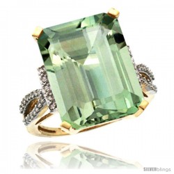 14k Yellow Gold Diamond Green-Amethyst Ring 12 ct Emerald Shape 16x12 Stone 3/4 in wide