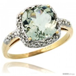 14k Yellow Gold Diamond Green-Amethyst Ring 2.08 ct Cushion cut 8 mm Stone 1/2 in wide