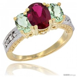 14k Yellow Gold Ladies Oval Natural Ruby 3-Stone Ring with Green Amethyst Sides Diamond Accent
