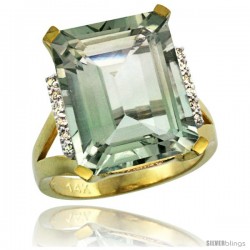 14k Yellow Gold Diamond Green-Amethyst Ring 12 ct Emerald Cut 16x12 stone 3/4 in wide