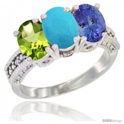 14K White Gold Natural Peridot, Turquoise & Tanzanite Ring 3-Stone Oval 7x5 mm Diamond Accent