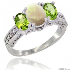 14k White Gold Ladies Oval Natural Opal 3-Stone Ring with Peridot Sides Diamond Accent