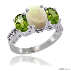 14K White Gold Ladies 3-Stone Oval Natural Opal Ring with Peridot Sides Diamond Accent