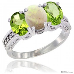 14K White Gold Natural Opal & Peridot Sides Ring 3-Stone Oval 7x5 mm Diamond Accent