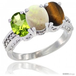 14K White Gold Natural Peridot, Opal & Tiger Eye Ring 3-Stone Oval 7x5 mm Diamond Accent