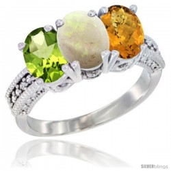 14K White Gold Natural Peridot, Opal & Whisky Quartz Ring 3-Stone Oval 7x5 mm Diamond Accent