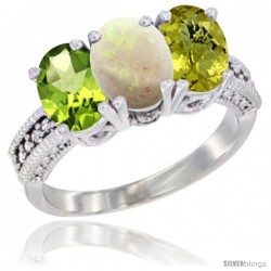 14K White Gold Natural Peridot, Opal & Lemon Quartz Ring 3-Stone Oval 7x5 mm Diamond Accent