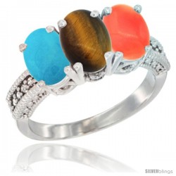 10K White Gold Natural Turquoise, Tiger Eye & Coral Ring 3-Stone Oval 7x5 mm Diamond Accent