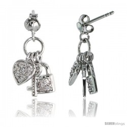 Sterling Silver Jeweled Post Earrings, w/ Heart Key Padlock & Cubic Zirconia, 5/8" (16 mm)