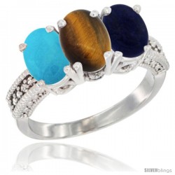 10K White Gold Natural Turquoise, Tiger Eye & Lapis Ring 3-Stone Oval 7x5 mm Diamond Accent