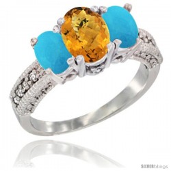 10K White Gold Ladies Oval Natural Whisky Quartz 3-Stone Ring with Turquoise Sides Diamond Accent