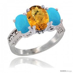 10K White Gold Ladies Natural Whisky Quartz Oval 3 Stone Ring with Turquoise Sides Diamond Accent