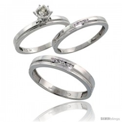 10k White Gold Diamond Trio Wedding Ring Set His 4mm & Hers 3mm