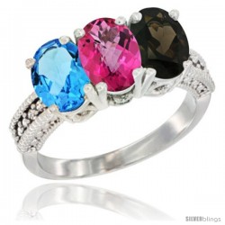 14K White Gold Natural Swiss Blue Topaz, Pink Topaz & Smoky Topaz Ring 3-Stone 7x5 mm Oval Diamond Accent