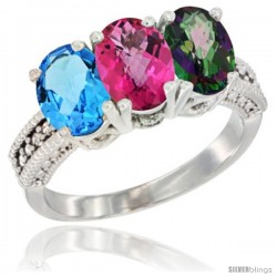 14K White Gold Natural Swiss Blue Topaz, Pink Topaz & Mystic Topaz Ring 3-Stone 7x5 mm Oval Diamond Accent