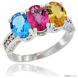 14K White Gold Natural Swiss Blue Topaz, Pink Topaz & Citrine Ring 3-Stone 7x5 mm Oval Diamond Accent