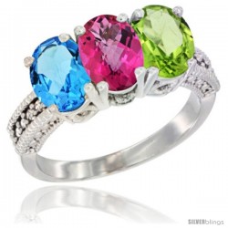 14K White Gold Natural Swiss Blue Topaz, Pink Topaz & Peridot Ring 3-Stone 7x5 mm Oval Diamond Accent