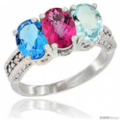 14K White Gold Natural Swiss Blue Topaz, Pink Topaz & Aquamarine Ring 3-Stone 7x5 mm Oval Diamond Accent