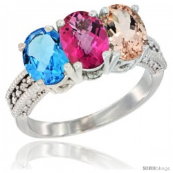 14K White Gold Natural Swiss Blue Topaz, Pink Topaz & Morganite Ring 3-Stone 7x5 mm Oval Diamond Accent