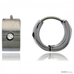 Stainless Steel Huggie Earrings w/ Cubic Zirconia Stone 1/2 in Diameter