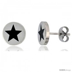 Stainless Steel Black Enamel Star Stud Earrings, 3/8 in High