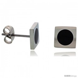 Stainless Steel Round Black Enamel Square Stud Earrings, 5/16inch High