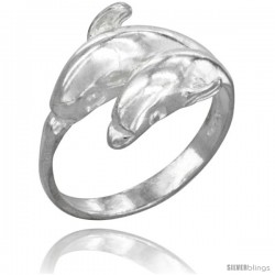 Sterling Silver Double Dolphin Ring Polished finish 1/2 in wide