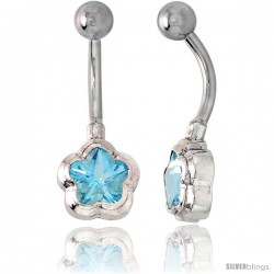 Flower Belly Button Ring with Blue Topaz Cubic Zirconia on Sterling Silver Setting -Style Ssc48