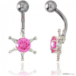 Sun Face Belly Button Ring with Pink Cubic Zirconia on Sterling Silver Setting