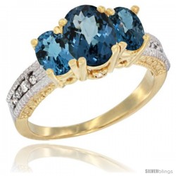 10K Yellow Gold Ladies Oval Natural London Blue Topaz 3-Stone Ring Diamond Accent