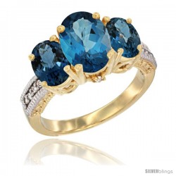 10K Yellow Gold Ladies 3-Stone Oval Natural London Blue Topaz Ring Diamond Accent