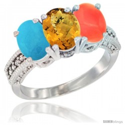 10K White Gold Natural Turquoise, Whisky Quartz & Coral Ring 3-Stone Oval 7x5 mm Diamond Accent