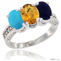 10K White Gold Natural Turquoise, Whisky Quartz & Lapis Ring 3-Stone Oval 7x5 mm Diamond Accent