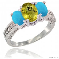 10K White Gold Ladies Oval Natural Lemon Quartz 3-Stone Ring with Turquoise Sides Diamond Accent