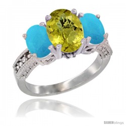 10K White Gold Ladies Natural Lemon Quartz Oval 3 Stone Ring with Turquoise Sides Diamond Accent